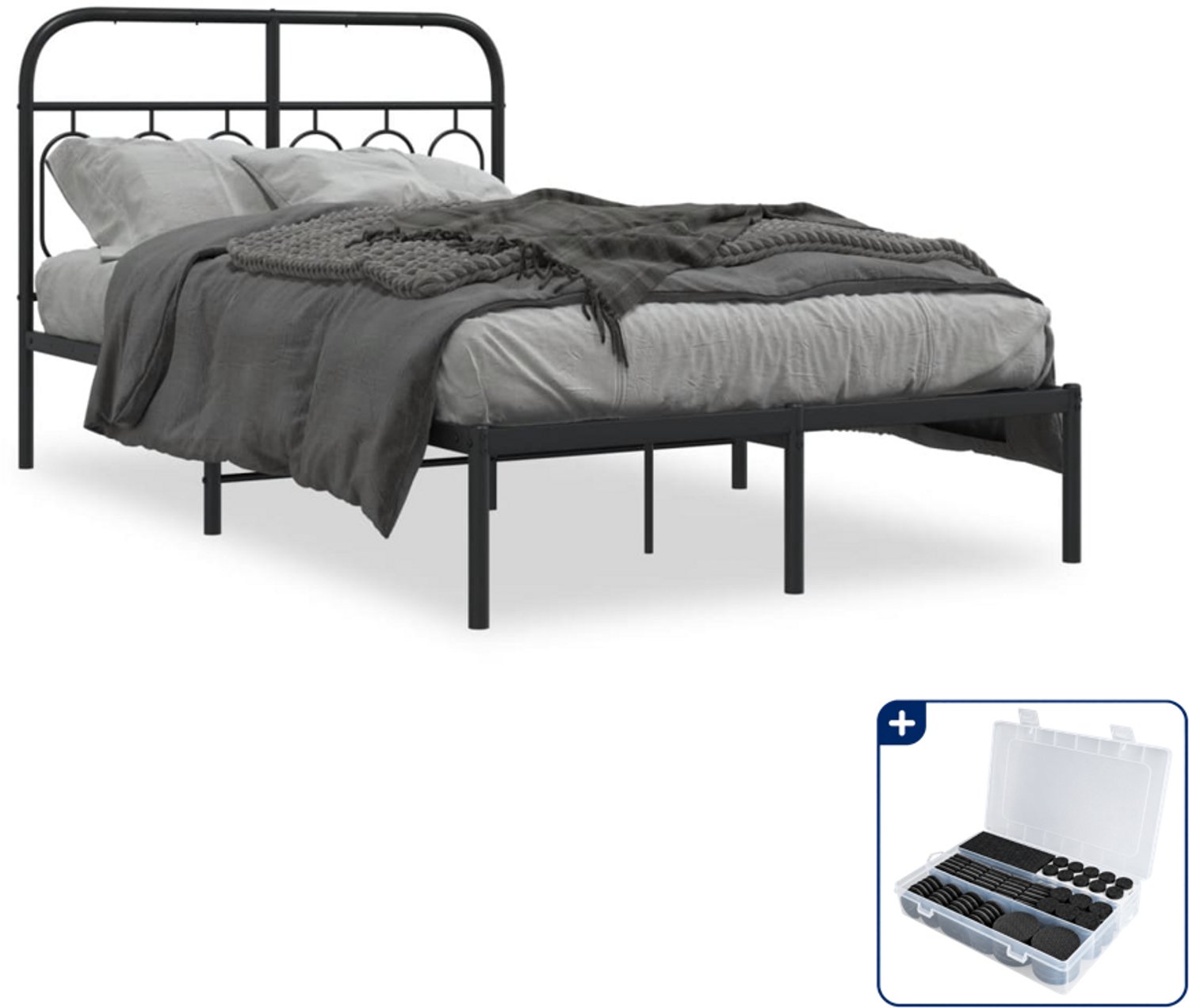 vidaXL bedframe met hoofdbord - 120 x 190 cm - staal - zwart - Inclusief antikrasvilt 177-delig