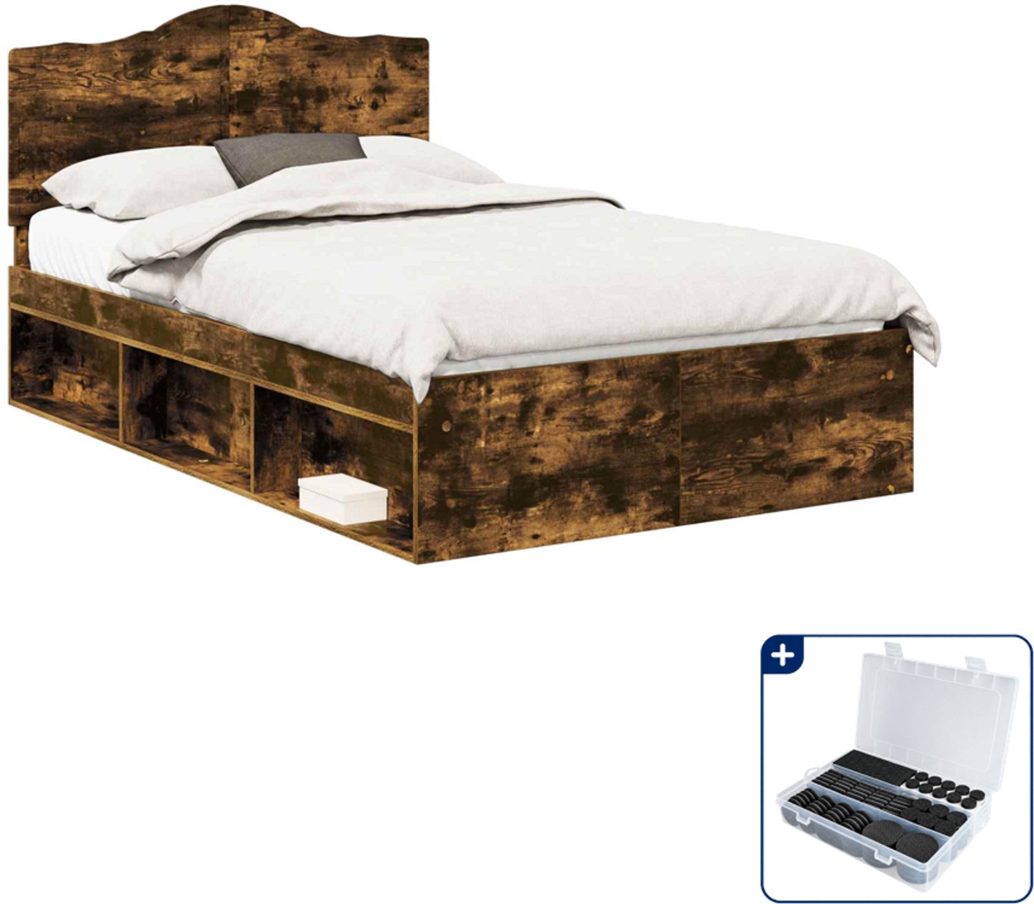 vidaXL bedframe - 135 x 190 cm - bewerkt hout - gerookt eiken - Inclusief antikrasvilt 177-delig Bruin