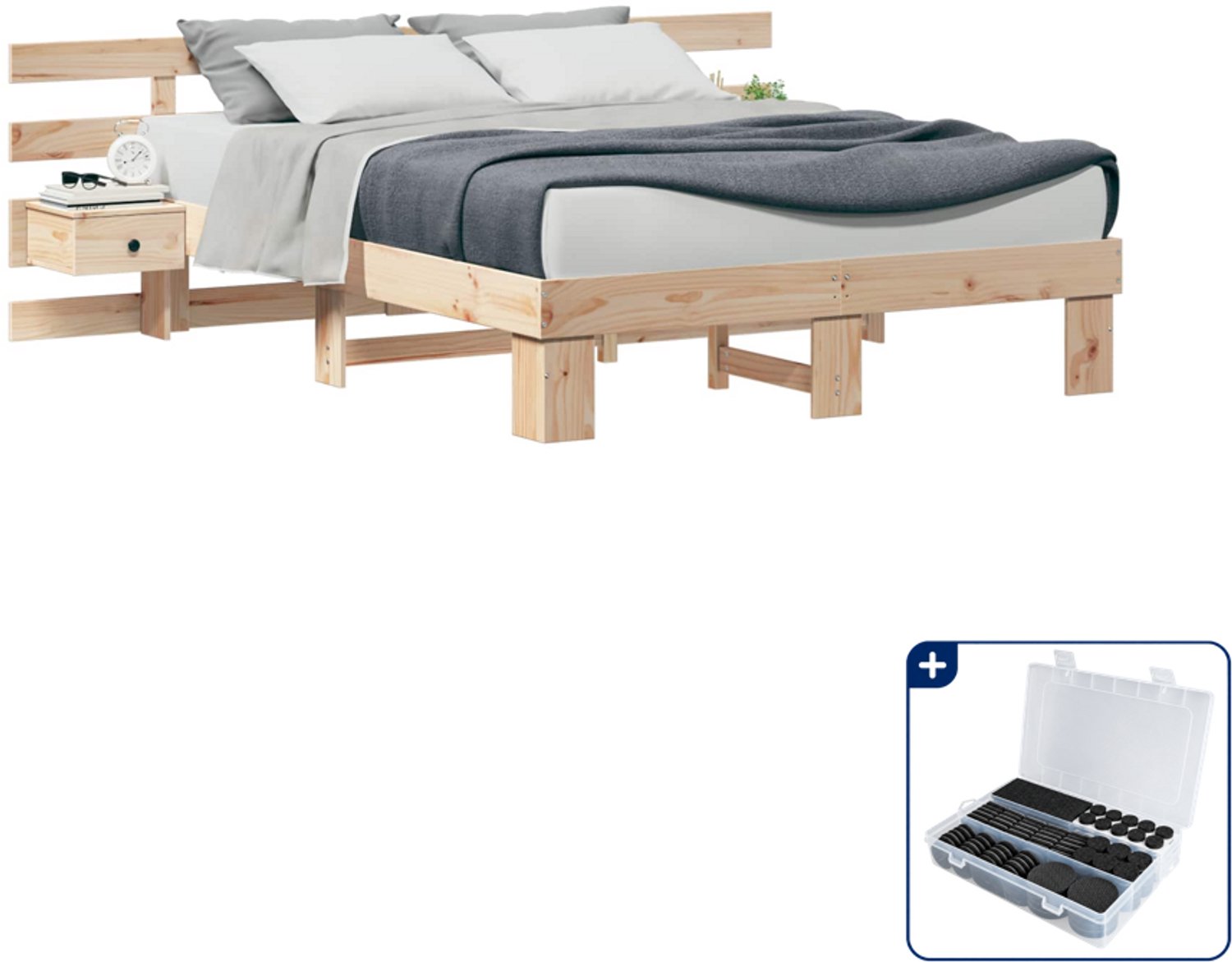 vidaXL Bedframe met hoofdeinde - 150 x 200 cm - massief grenenhout - bruin - Inclusief antikrasvilt 177-delig