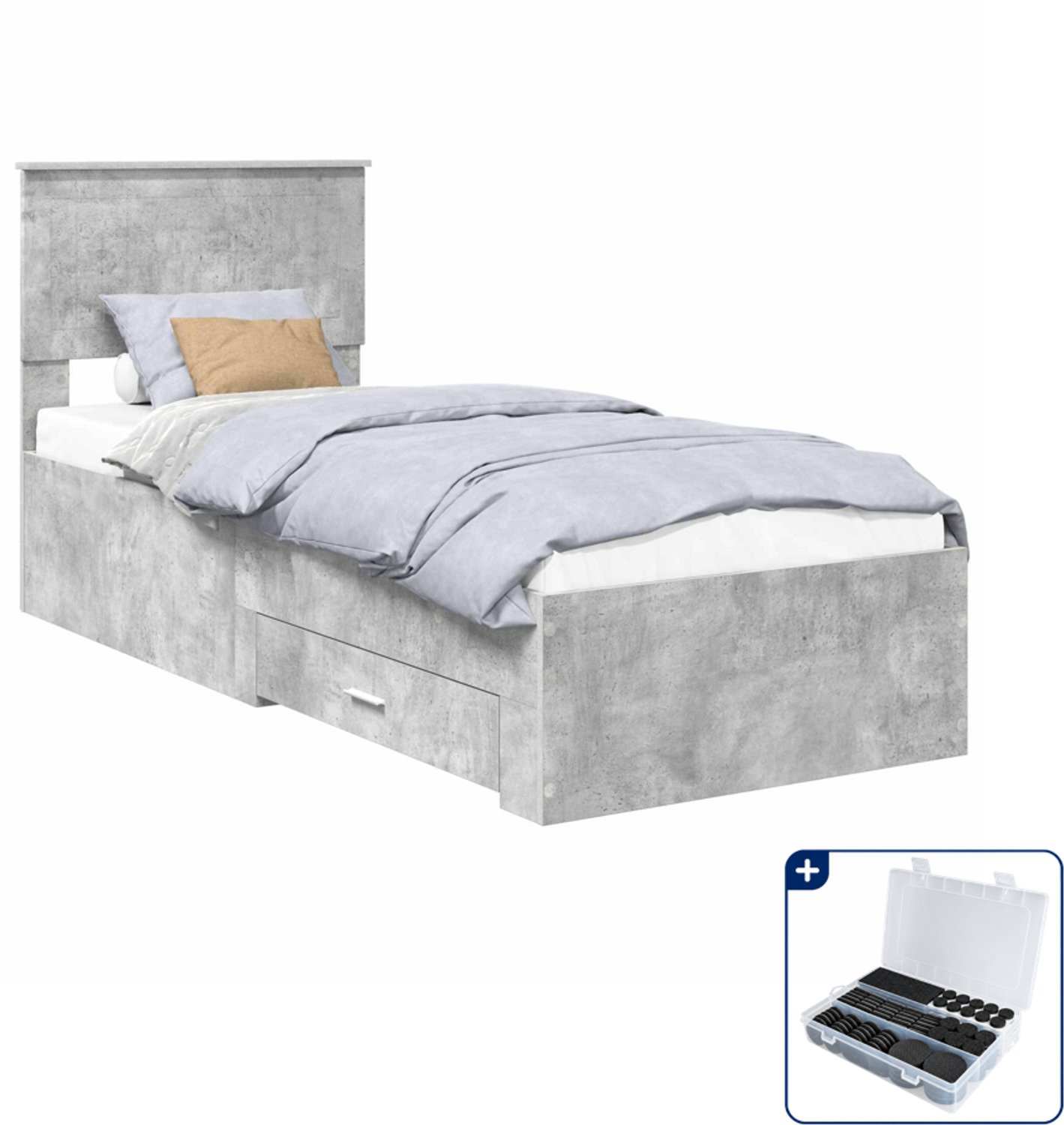 vidaXL bedframe - 70 x 190 cm - bewerkt hout - beton grijs en zilver - Inclusief antikrasvilt 177-delig Bruin