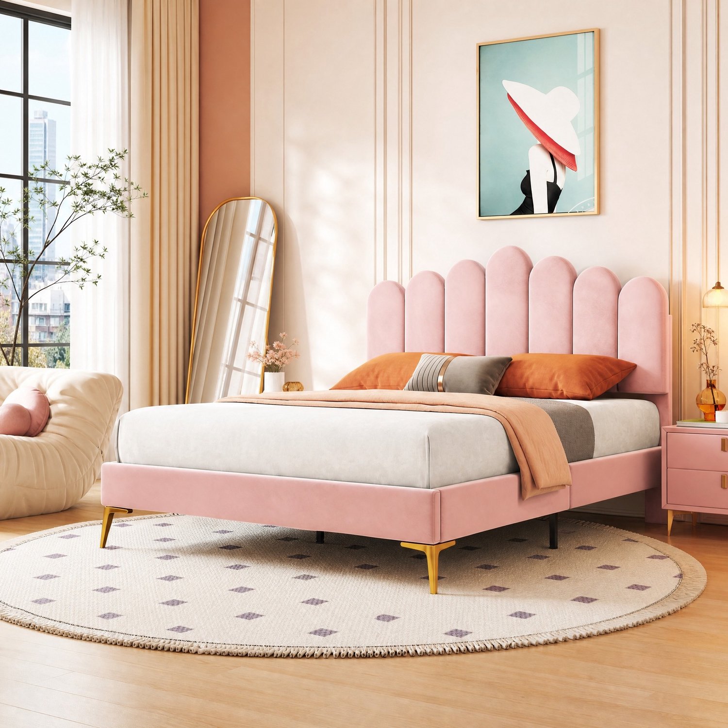 Maisentiel Roze gestoffeerd tweepersoonsbed 140 x 200 cm met verstelbaar hoofdbord en lattenbodem