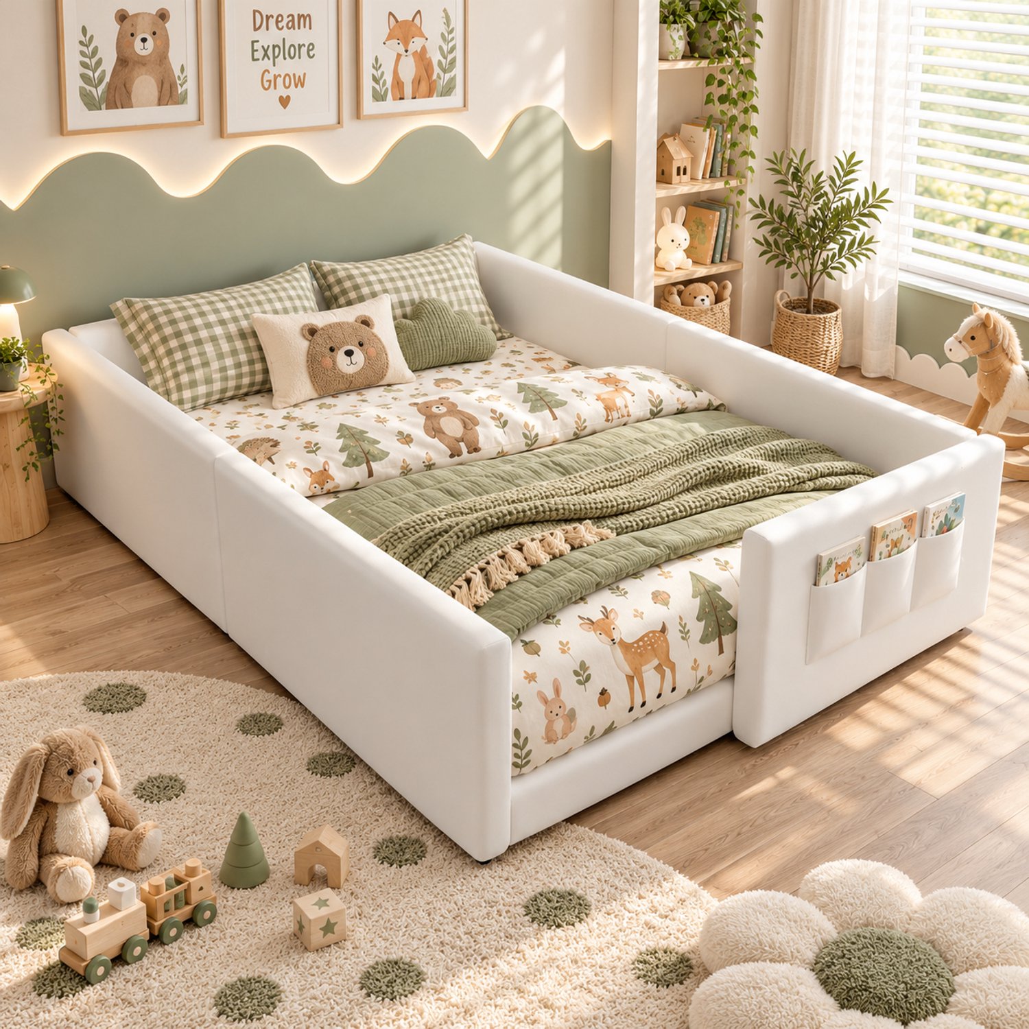 Mulder Living Eenpersoonsbed 90x200 cm - Kinderbed - Gestoffeerd bed - Vloerbed - Met zijhekken - Met Lattenbodem - Bespaar ruimte - Wit