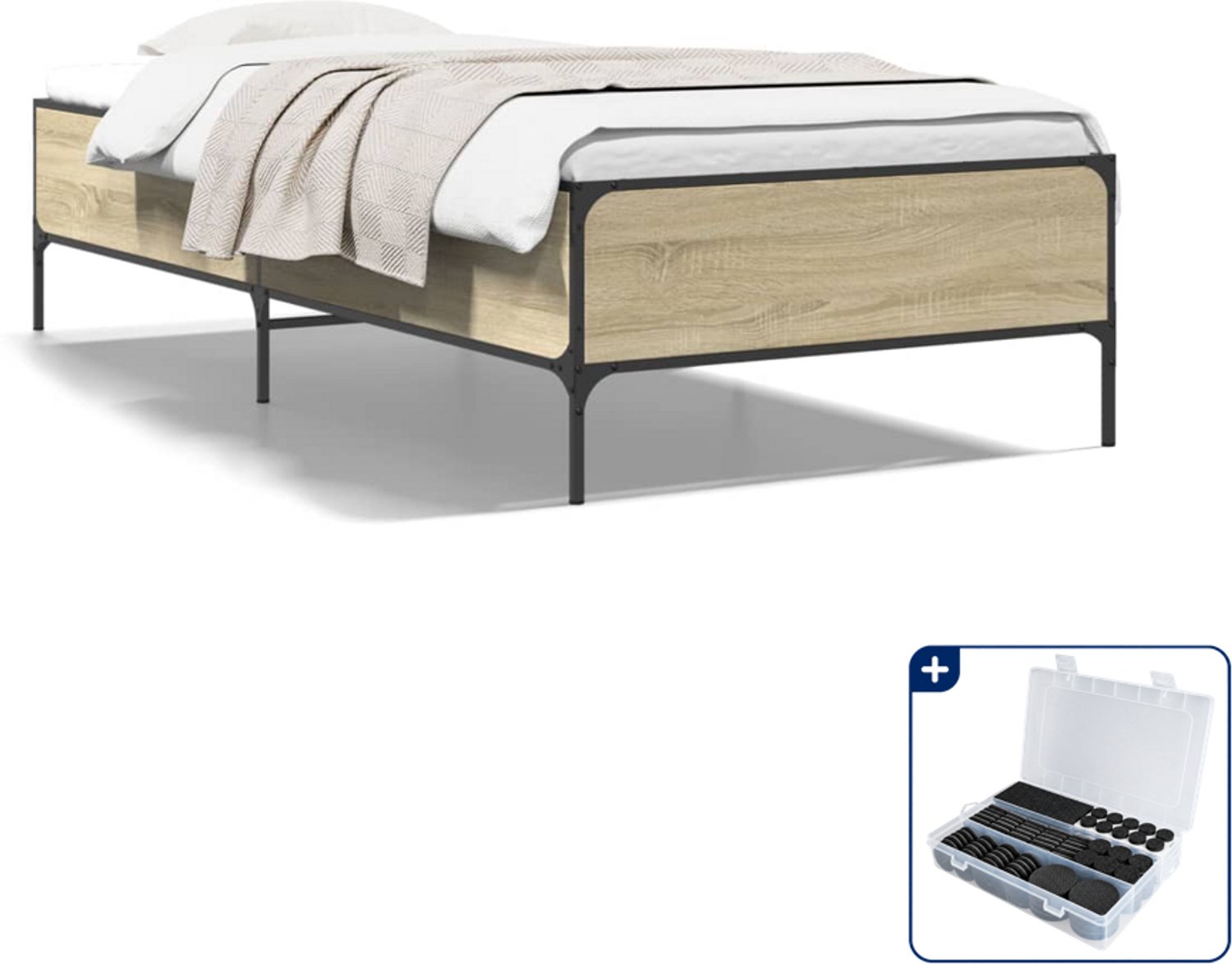 vidaXL bedframe - 100 x 200 cm - bewerkt hout en metaal - sonoma eiken - Inclusief antikrasvilt 177-delig Bruin