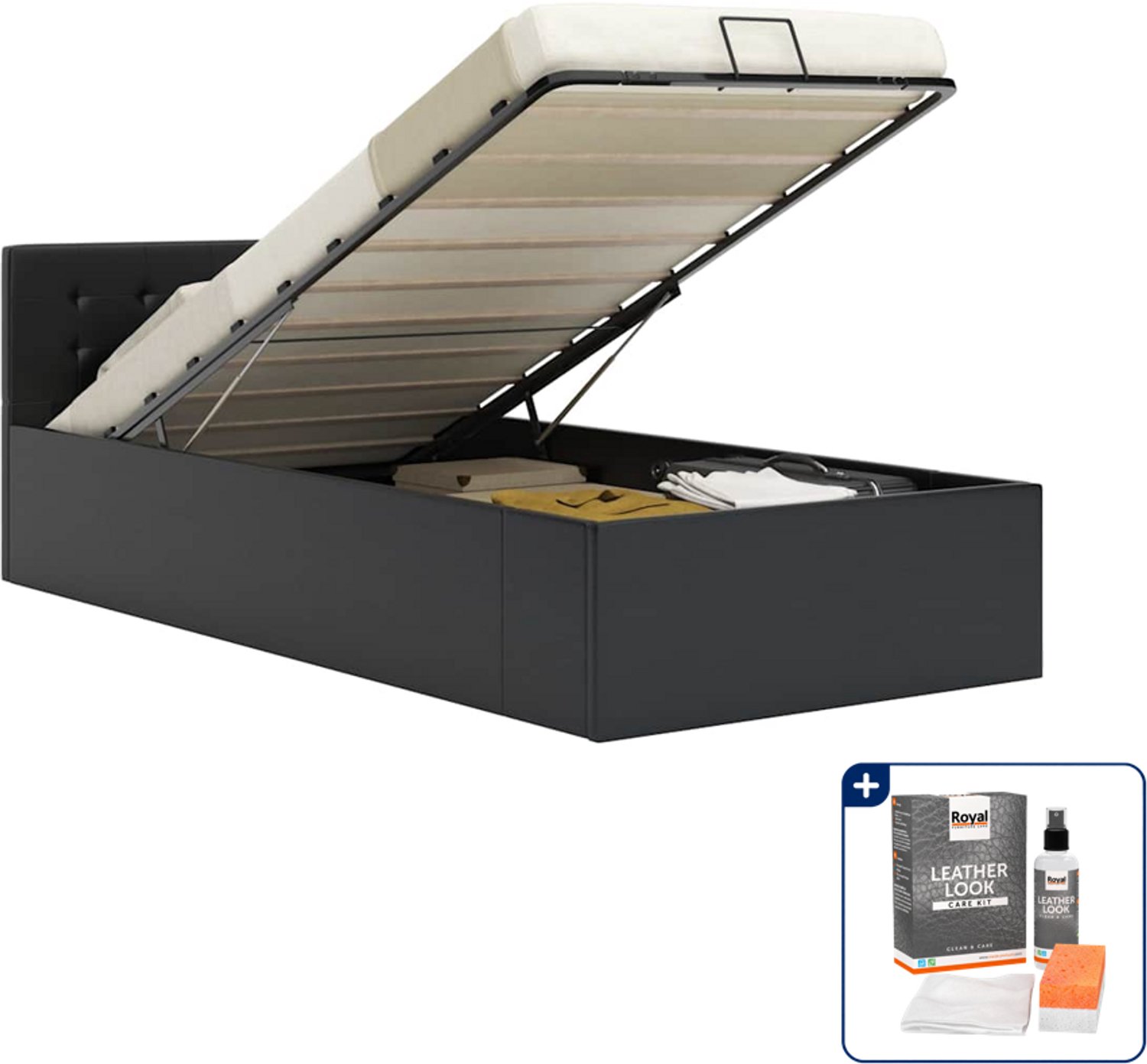 vidaXL bedframe - 90 x 200 cm - kunstleer - zwart - Inclusief onderhoudsset voor kunstleer 150 ml