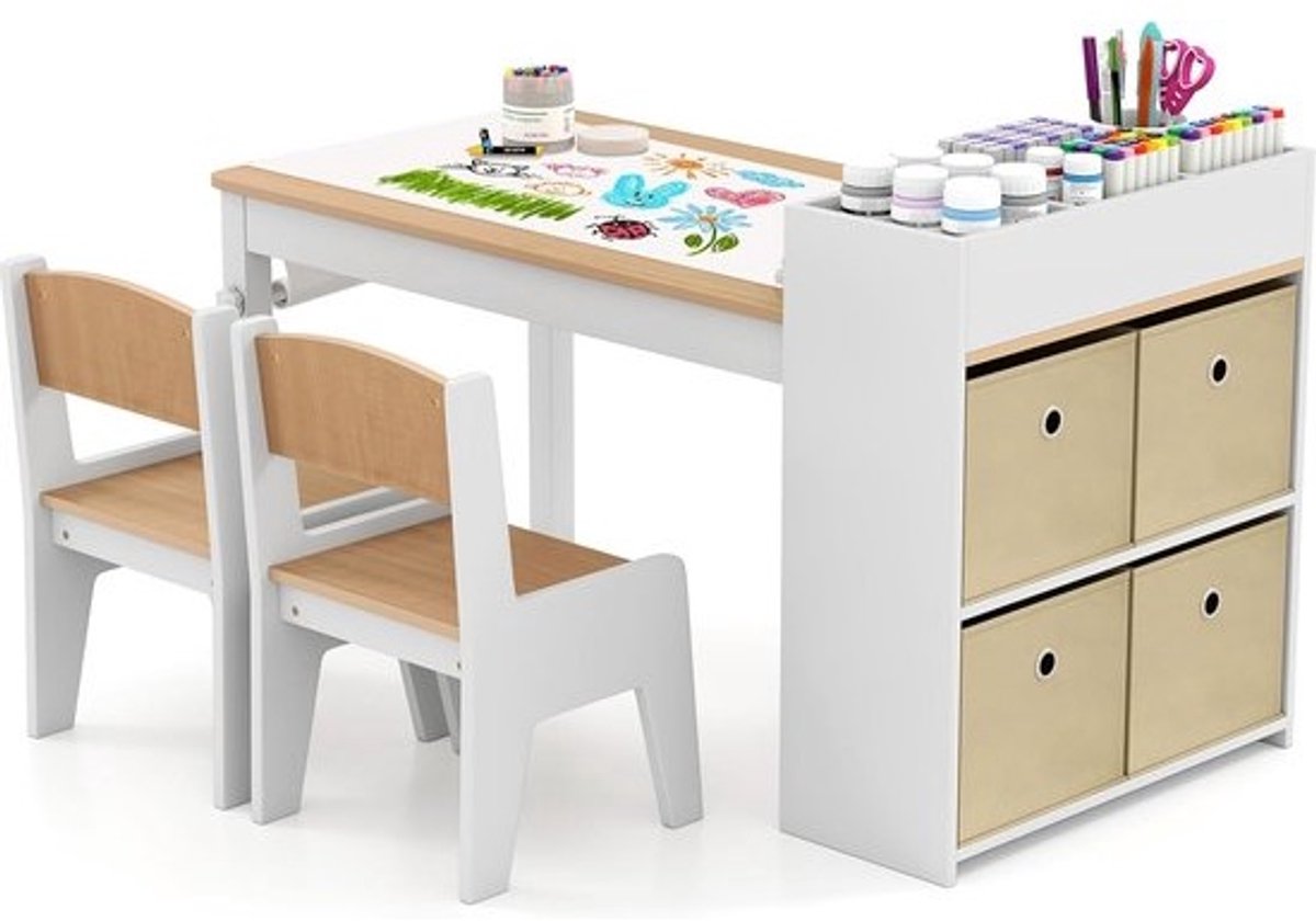 Knutseltafel - met 2 stoelen voor kinderen - Inclusief papierrol - en opbergmanden