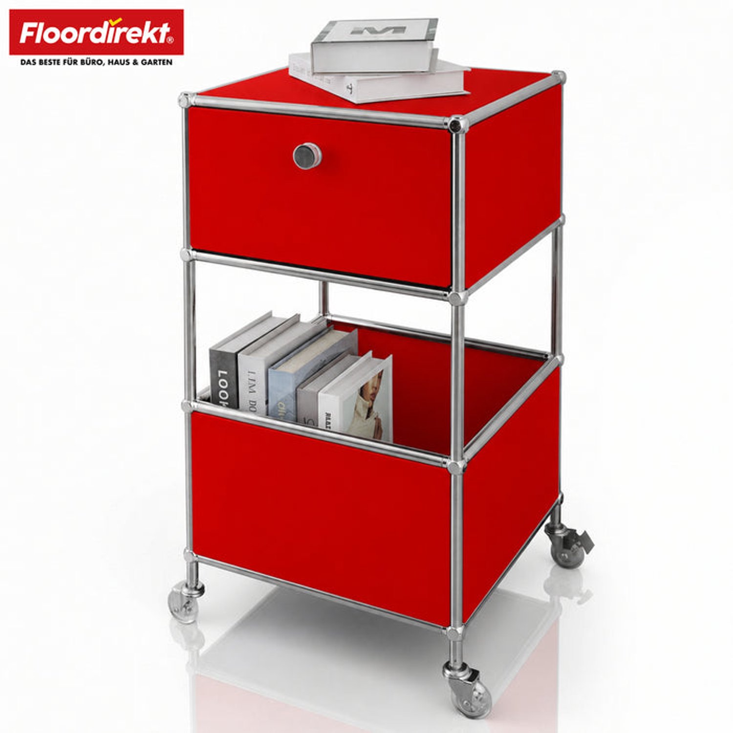Metalen kast | Concept Epure MK-145 | Verrijdbare opbergwagen met 3 niveaus, lade en planken | Rood