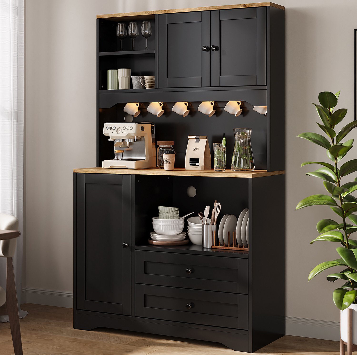 MODENUIT Keukenkast - LED, Stopcontact En USB - Voor Keuken En Eetkamer - MDF, Zwart - 100x40x163 Cm