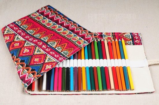 Potlood Wrap Grote Capaciteit Canvas Pen Gordijn Schets Kleurpotlood Rol In Nationale Stijl Pennenzak-Red-108 Holes — afbeelding 4