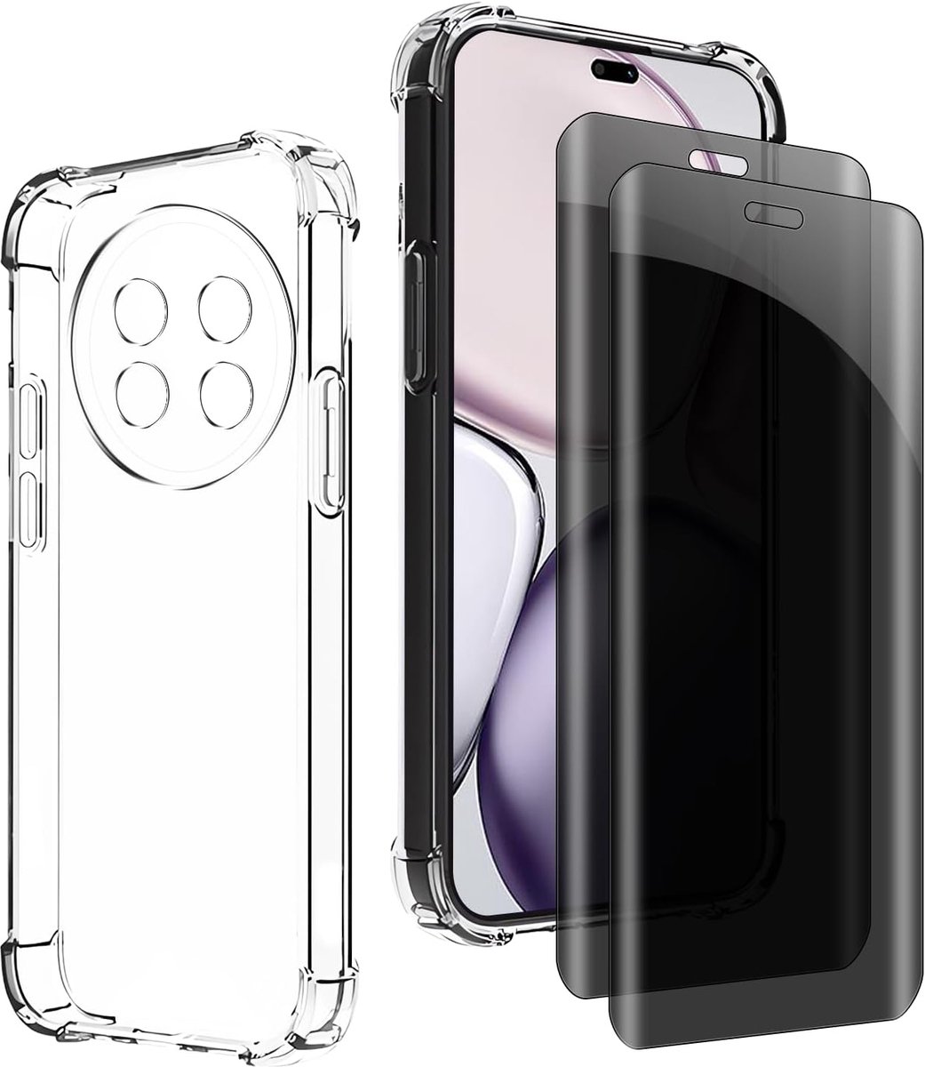 Inkijkbescherming voor Honor magic7 Lite, 1 TPU-hoes met 2 stuks pantserglas, 9H glas, anti-spy folie, transparante siliconen beschermhoes, anti-geel, slank