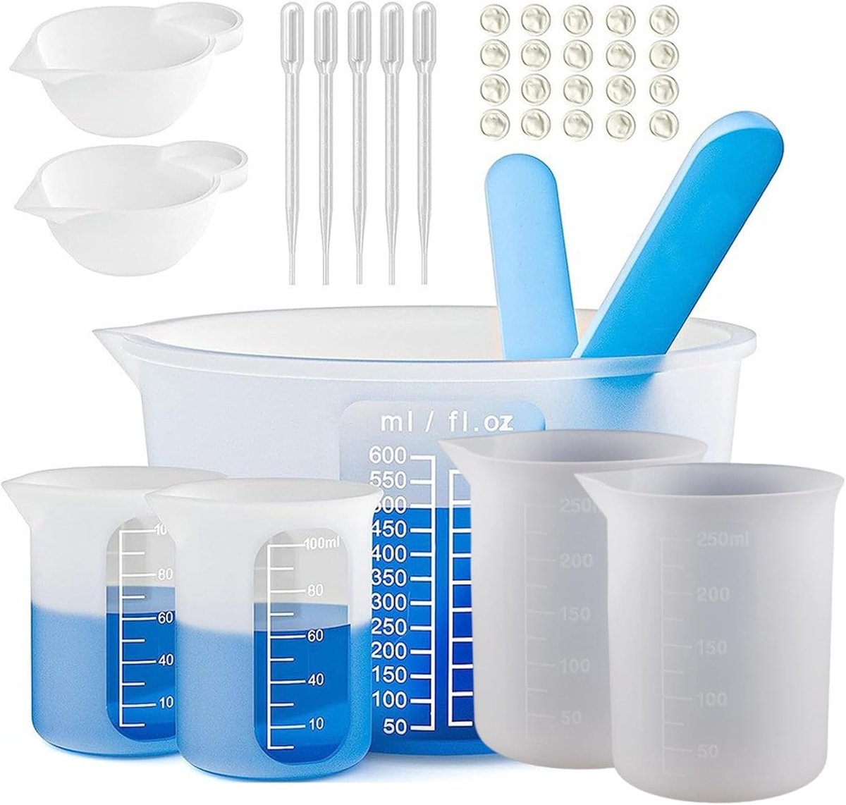 Maatbekerset, gietbekers van 600/250/100ml met roerstokjes, doseerpipetten en vingerlingen voor DIY, knutselen en laboratoriumgebruik