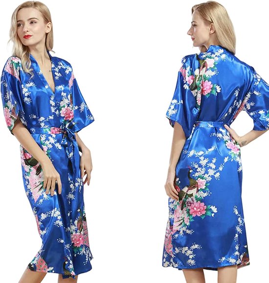 Gown Womens Silk Satin Kimono Robes Long Sleepwear Dressing Gown Floral Peacock Printed Pattern Party Wedding Bridesmaid Bathrobe-rose Red-s — afbeelding 2