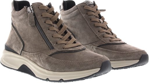 Gabor Rollingsoft veterschoenen hoog in taupe suède, deels met rits en met metallic accenten.