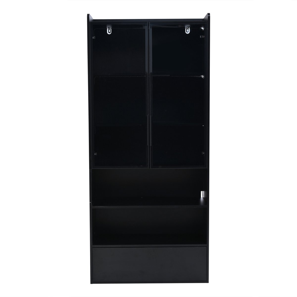 Vitrinekast Met Glazen Deuren - Hoge Opbergkast Met LEDverlichting, Lade En Open Vakken - Voor Woonkamer - MDF En Glas - Zwart, 80 X 34 X 180 cm
