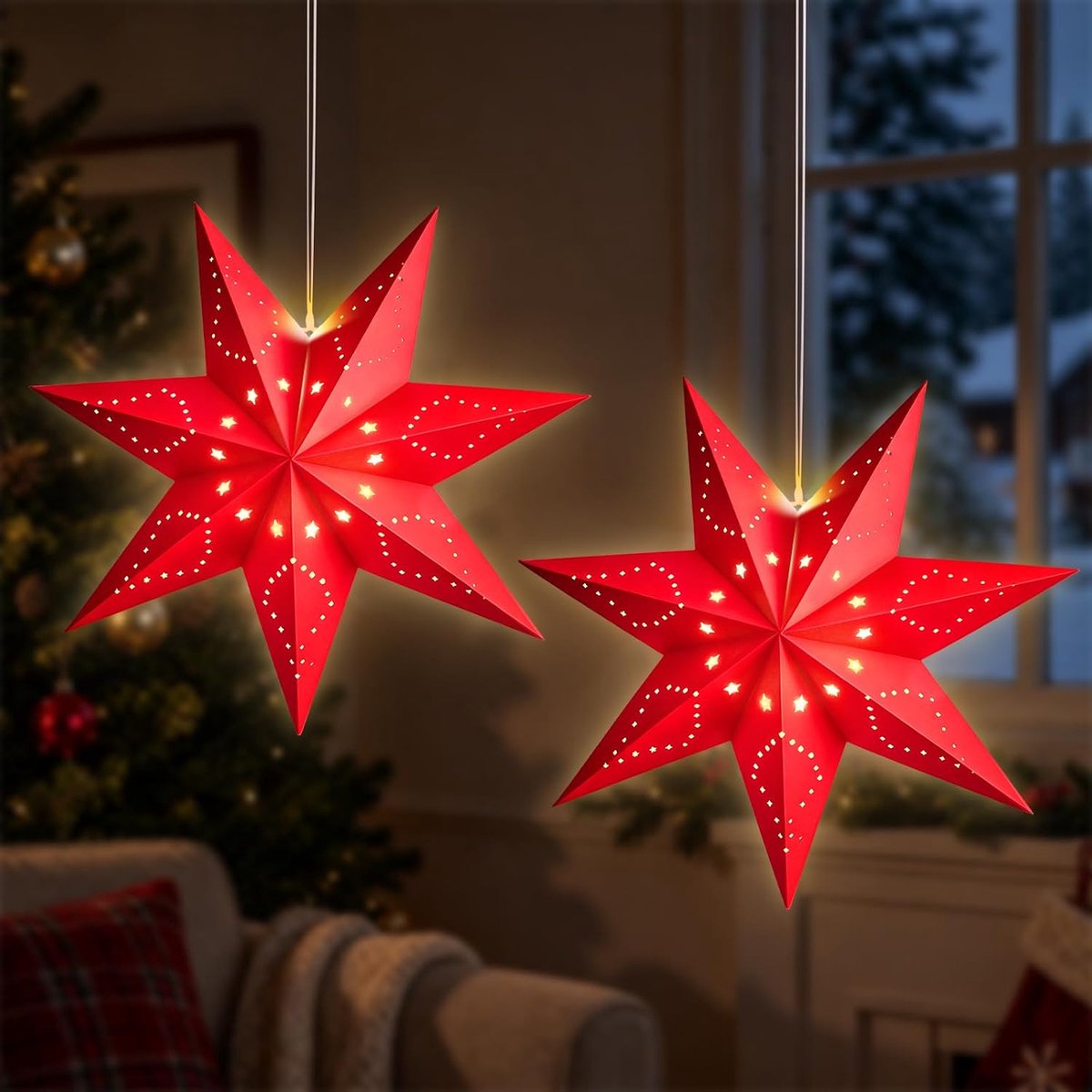 2 stuks papieren ster lampenkap 35 cm rood led papieren ster verlicht om op te hangen papieren sterren Kerstmis verlicht voor bruiloft, verjaardag, festival, feest