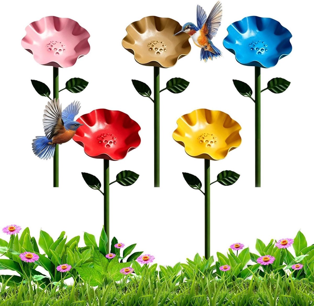 Drinkbak voor de tuin, 5 stuks, decoratieve bloemvormige metalen spiesen