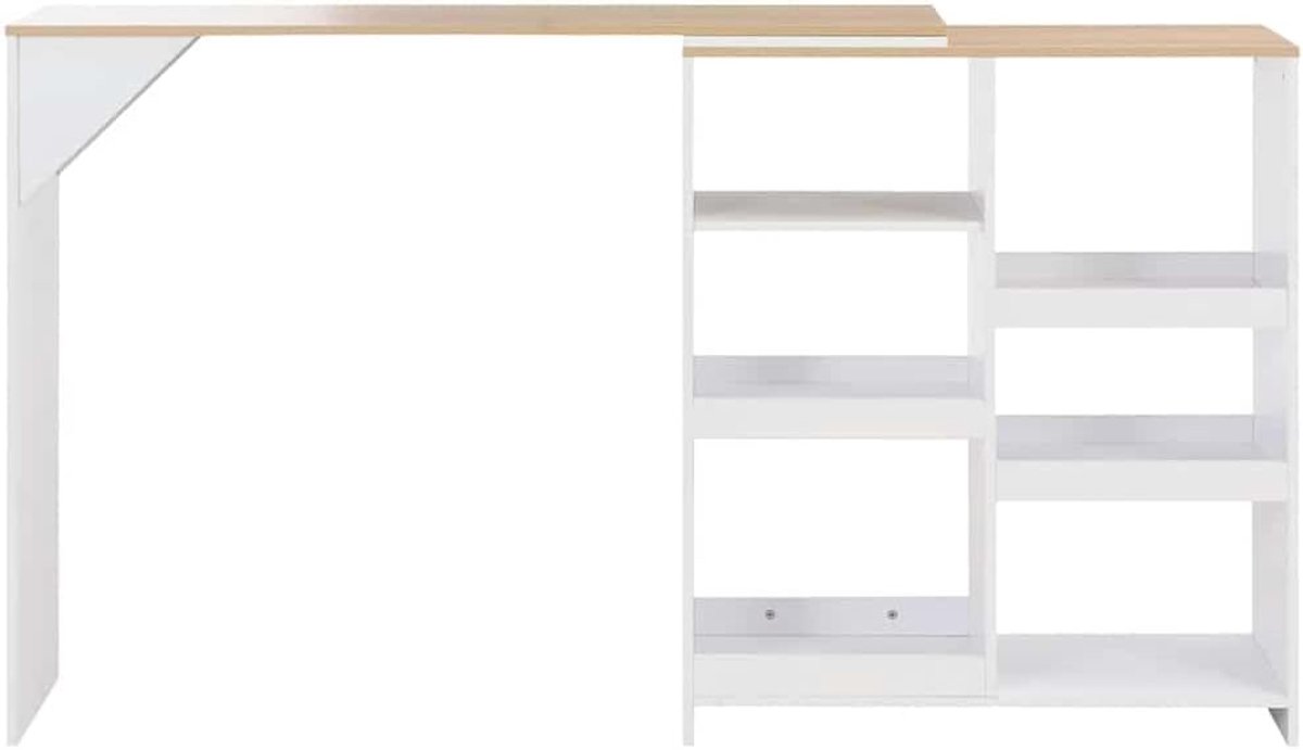 Statafel met beweegbaar rek, wit, 138 x 39 x 110 cm, smalle bartafel van robuust houtmateriaal, L-vormig frame met verstevigingsdriehoek voor stabiliteit, ideaal voor keuken