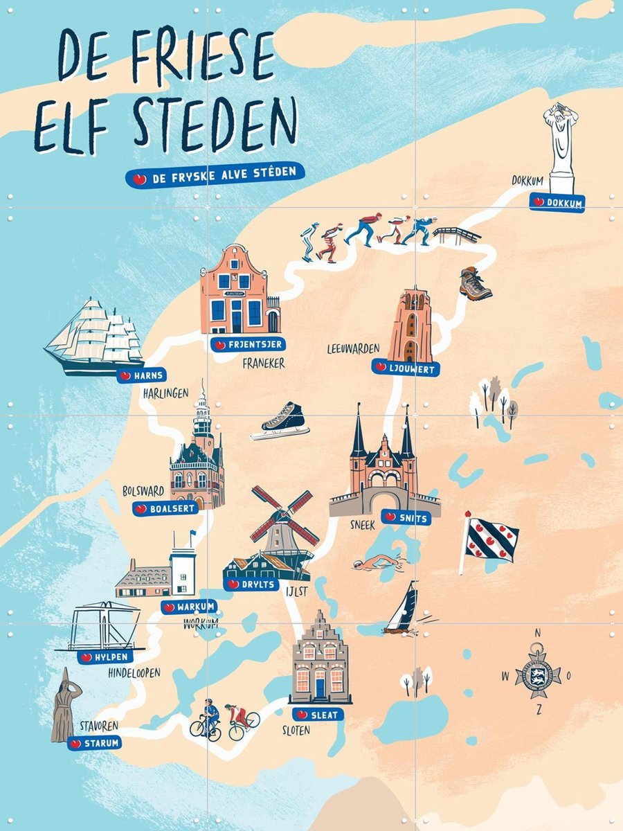IXXI Elfsteden, Revista Ontwerp & Kunst in Kaart - 60 x 80 cm - Gratis ophangtool - Grote wanddecoratie en posters - Illustraties, Gang, Trap
