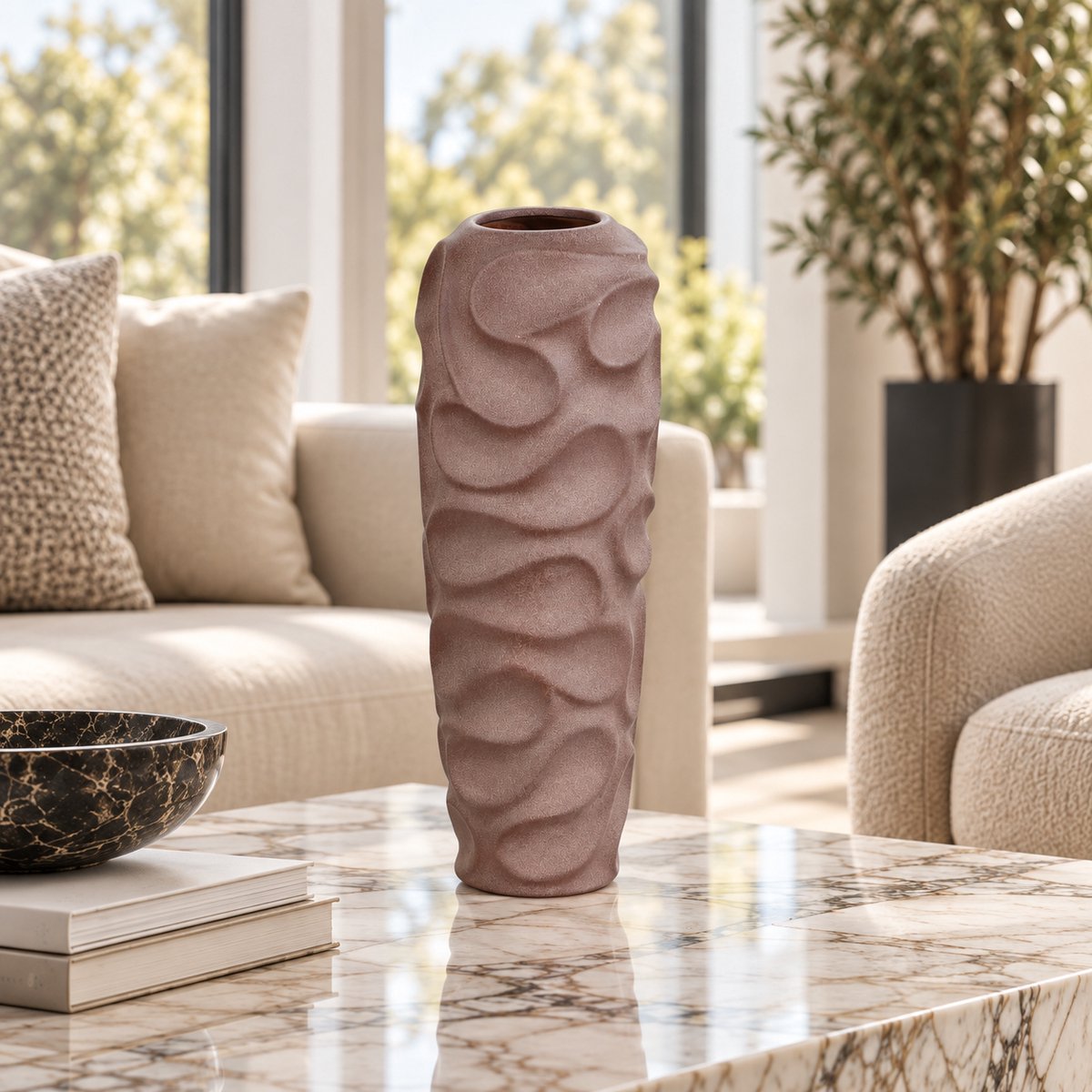 Fameilleur Grote bruine vaas 59 cm – espresso bruine stenen vaas met spiraalstructuur, hoge decoratieve vaas voor woonkamer, hal en modern interieur Donkerbruin