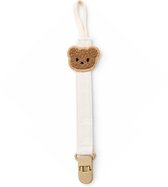 Crèmekleurig speenkoord met beige teddybeerapplicatie en beige clip.