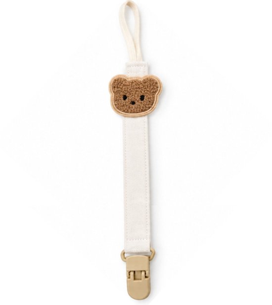 Crèmekleurig speenkoord met beige teddybeerapplicatie en beige clip.