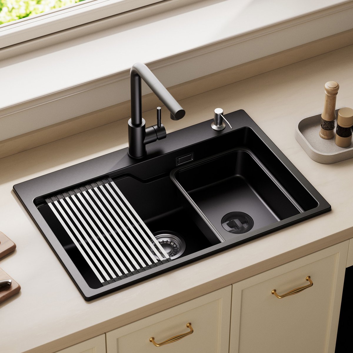 CECIPA Max Granieten Spoelbak 70x46CM - Multifunctioneel Spoelbakken - Luxe Gootsteen Zwart - Spoelbak Keuken Met Afdruipkom | Afdruipblad | Zeepdispenser - Wasbak Keuken Zwart