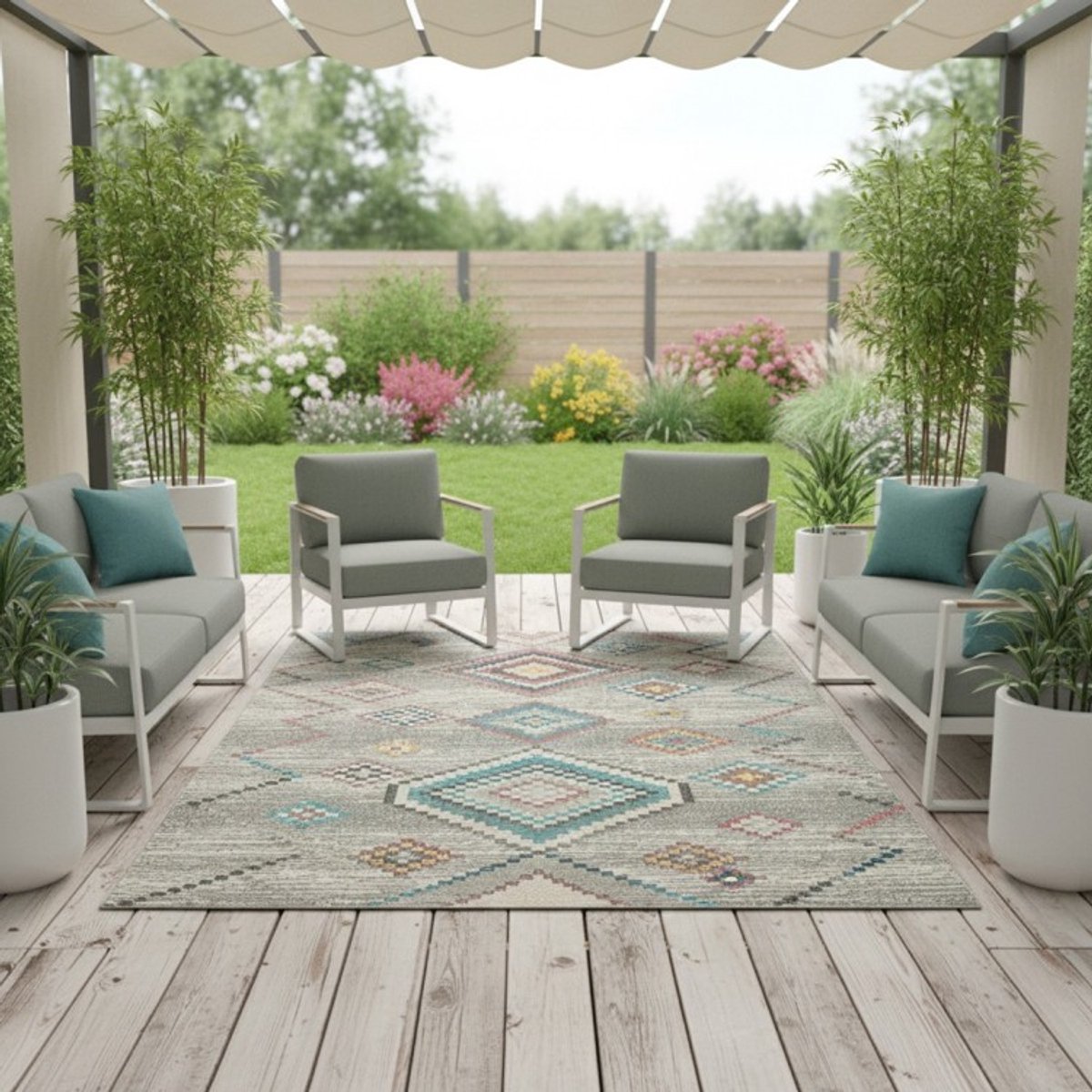 TapisTrend Buiten- en terraskleden Crème 80x150 cm Vintage, etnisch crèmekleurig vloerkleed met veelkleurige ruitpatronen, geschikt voor binnen- en buitengebruik in de woonkamer Beige