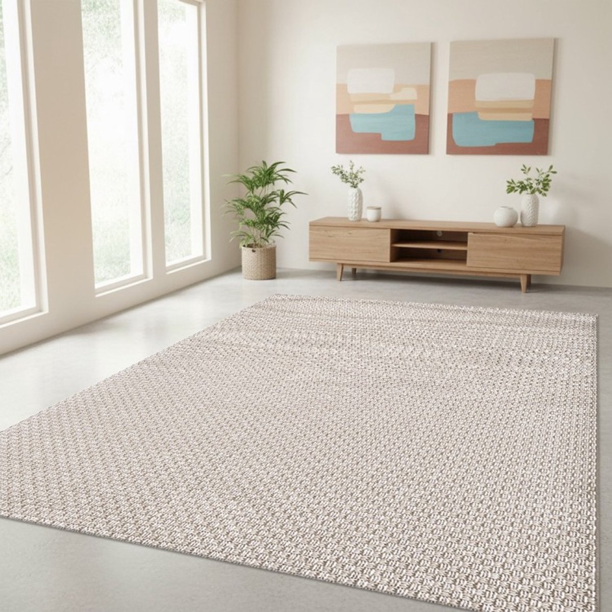 TapisTrend Designer tapijt Beige 140x200 cm Geweven binnen-/buitenkleed met een gestructureerde textuur voor terras, balkon, woonkamer en eetkamer