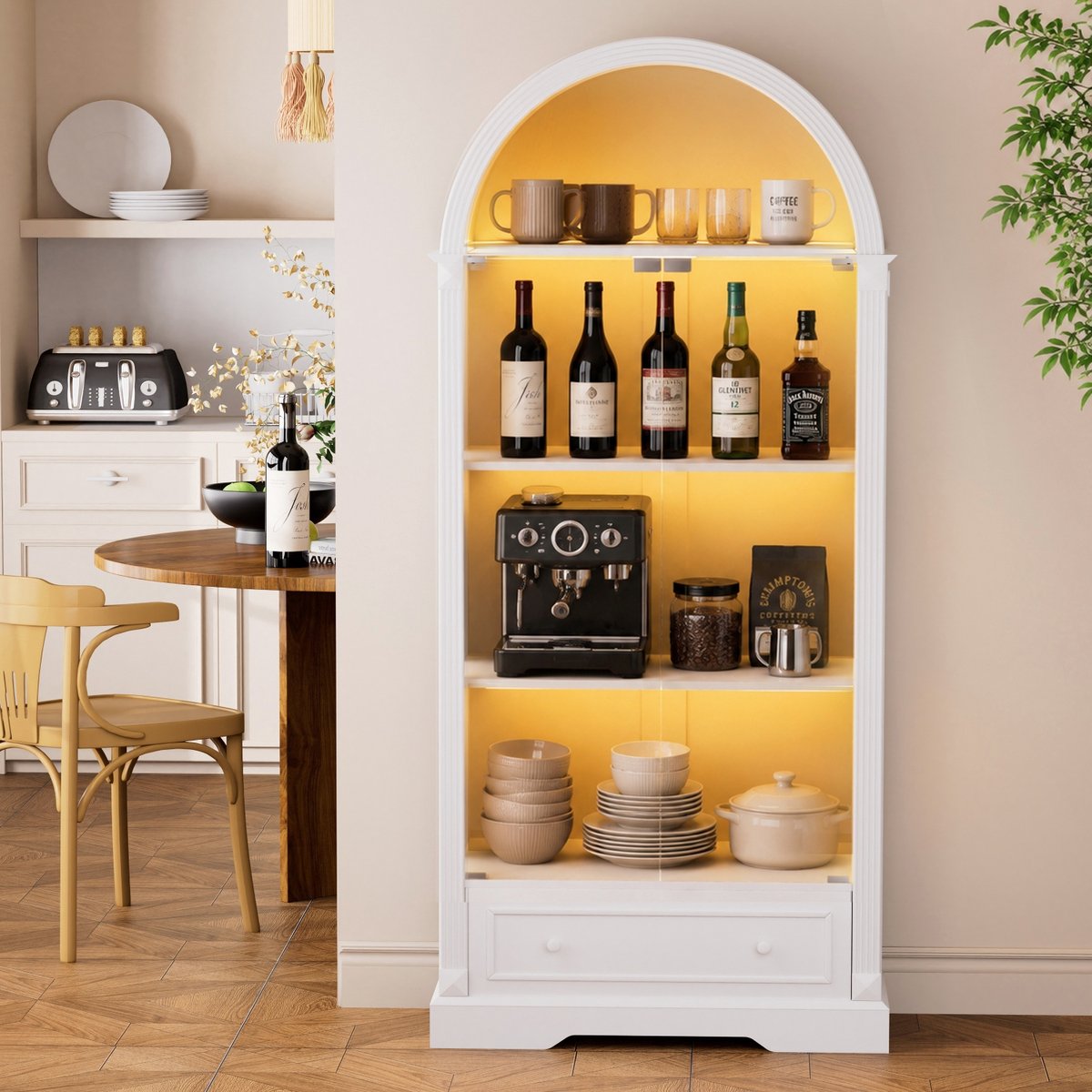 180 Cm Hoge Vitrinekast - Witte Vitrinekast Met Glazen Deuren - Boogvormig Displaymeubel Met Lades En Ledverlichting - MDF - 80 x 35 x 180 Cm