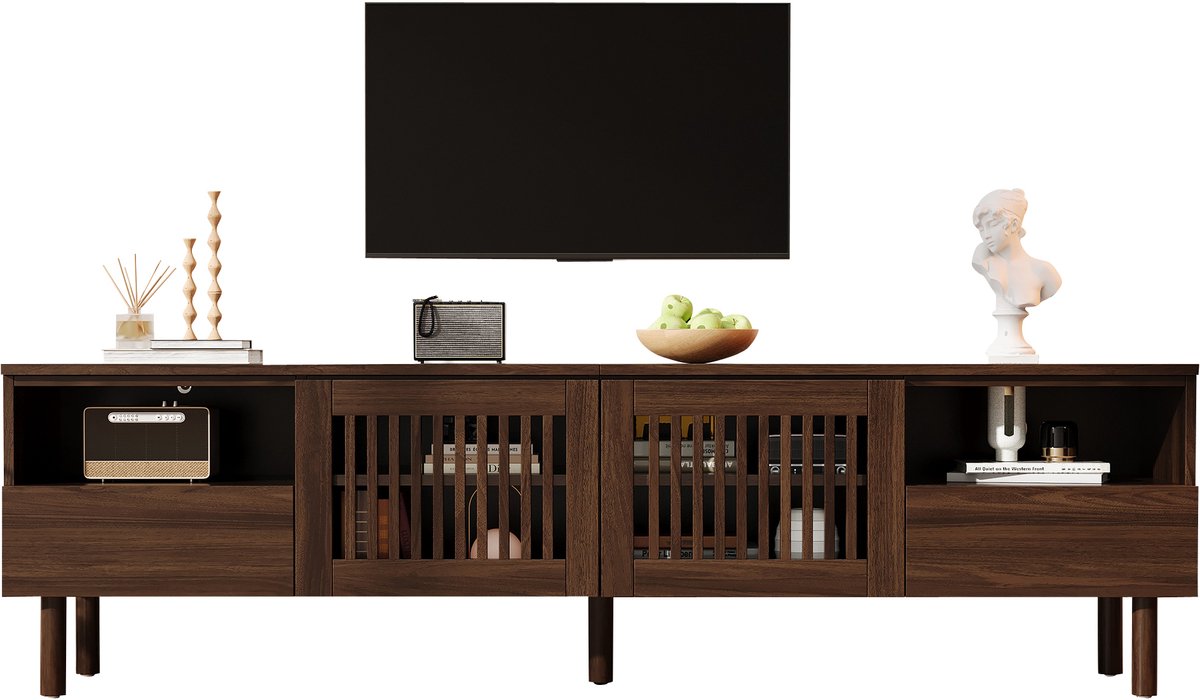 MUVANO Tv Meubel 180 cm - Tv Kast Walnoot - Lowboard Met Gaasdeuren - Tv Dressoir Met Lades - 180x40x51 cm - Kabelmanagement - Woonkamer Walnoot
