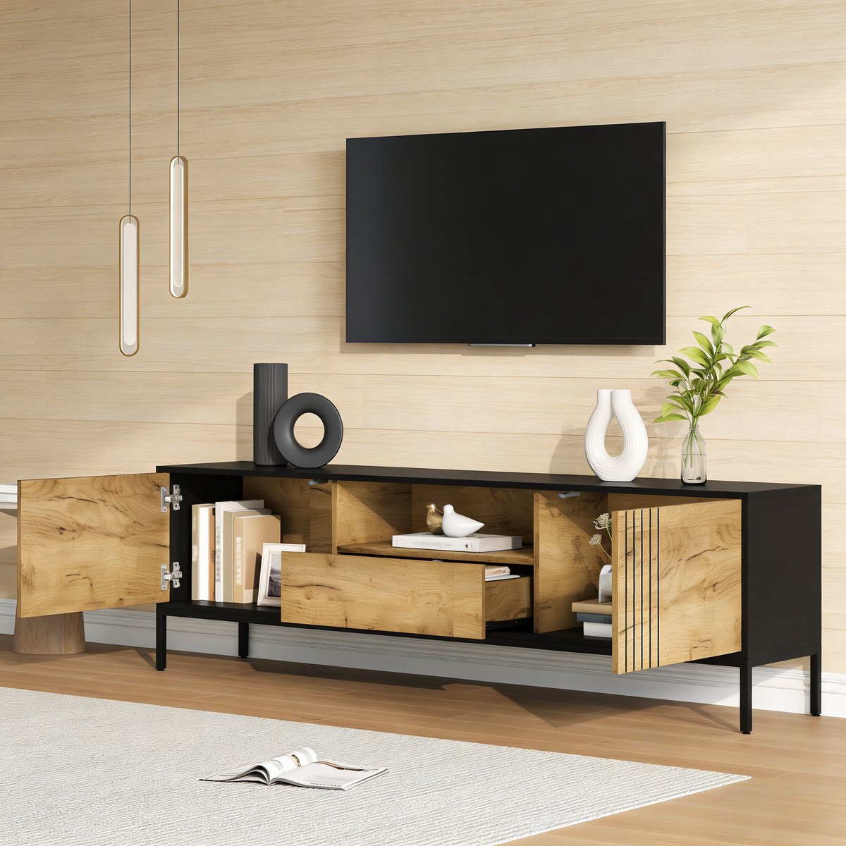 MUVANO Tv Meubel 170 cm - Lowboard - Tv Kast-Geschikt Voor Tv Tot 70 Inch - 170x35x50 cm- Multimedia Opbergruimte- Woonkamer Eiken Zwart
