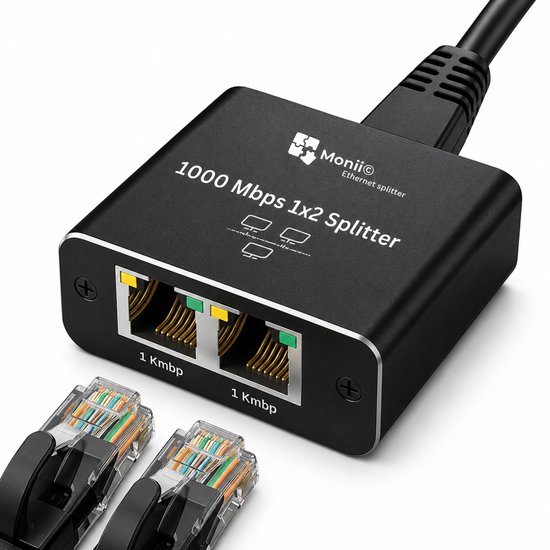 Monii 1000Mbps 1x2 Ethernet splitter met twee 1 Kmbp poorten, voorzien van gouden contacten.