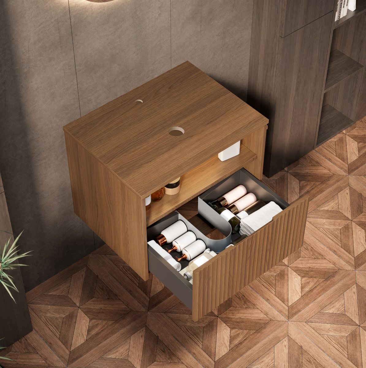MODENUIT Badkameronderkast - Wandmontage Met Lade - Voor Badkamer - Multiplex - 60x46x46,8 Cm - Bruin Eiken