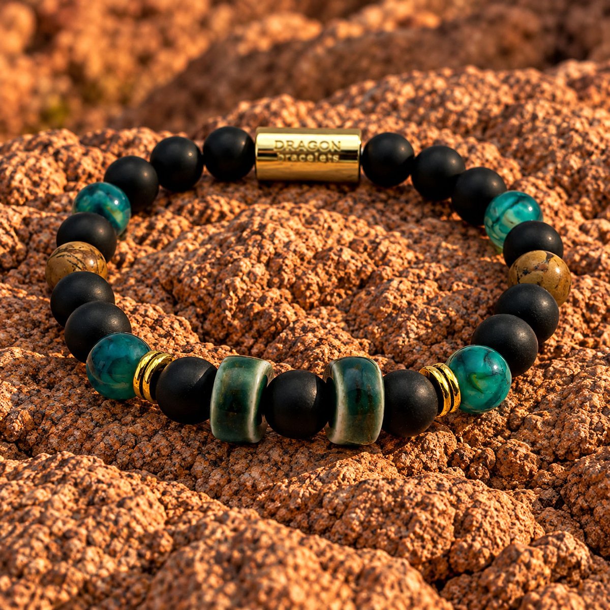 Dragon Bracelets® - Terra Maya - Natuurstenen Armband - Agaat - Geglazuurd Keramiek - Zwart - Groen - Bruin - Goud