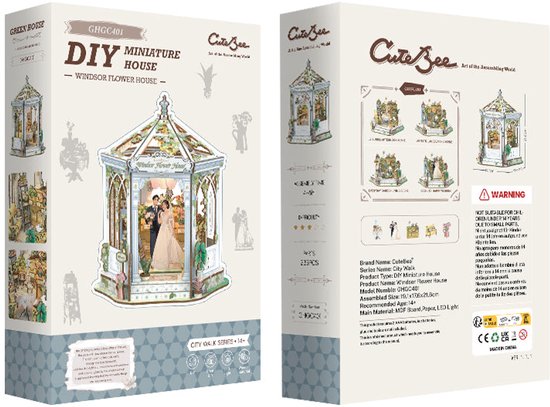 Doos met miniatuur 'Windsor Flower House' bouwpakket met afbeeldingen van het model.