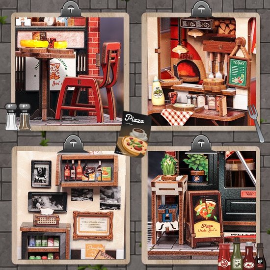 Close-up details van de miniatuur 'Uncle Joe's Pizzeria', waaronder meubels, oven en decoraties.