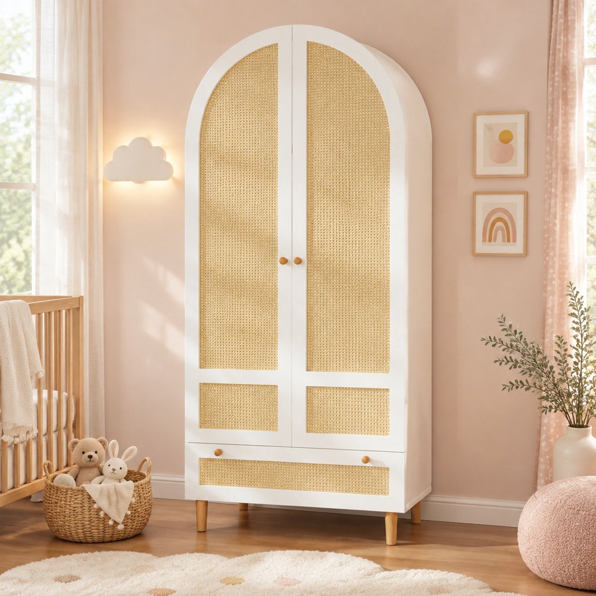 HAUSS SPOLE Kledingkast - Boogdesign Met Rotanlook - Met Kledingroede En Lade Voor Slaapkamer Of Hal - MDF - 80x50x180 Cm - Wit