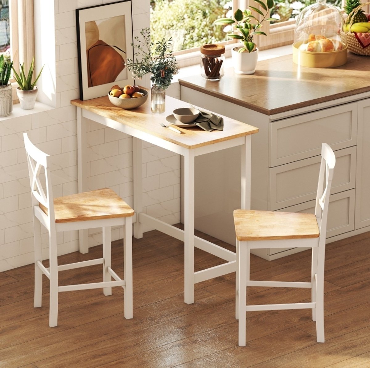 DESMIU Bartafel - Eikenlook Met Wit Frame - Voor Twee Personen In Keuken En Eethoek - Hout - 108x48x91 Cm - Eikenkleur En Wit