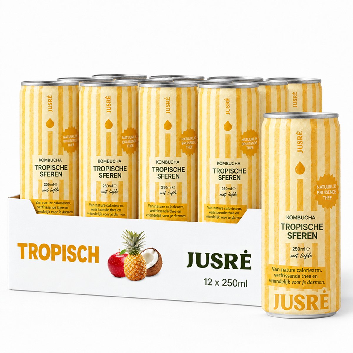 JusRé Seas the Day Kombucha, Gefermenteerde Thee in blik met Ananas en Kokos, 100% Natuurlijk Zonder Toegevoegde Suikers (12 x 25cl)