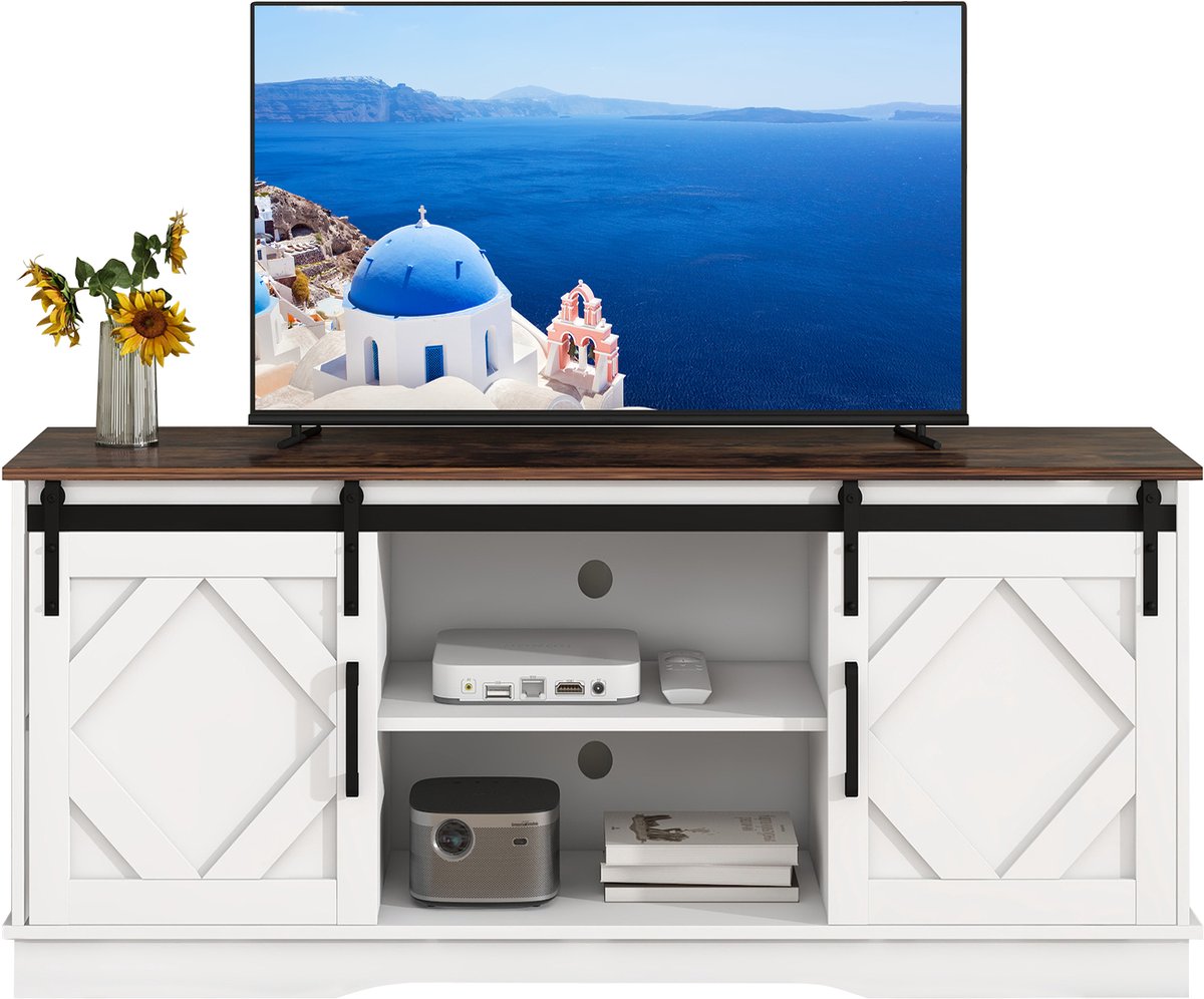 MUVANO Tv Meubel 150 cm - Tv Dressoir Schuifdeuren - Tv Kast Voor 65 Inch Tv - Landelijk Modern - 150x40x60 cm - Met Verstelbare Planken - Woonkamer Wit Bruin