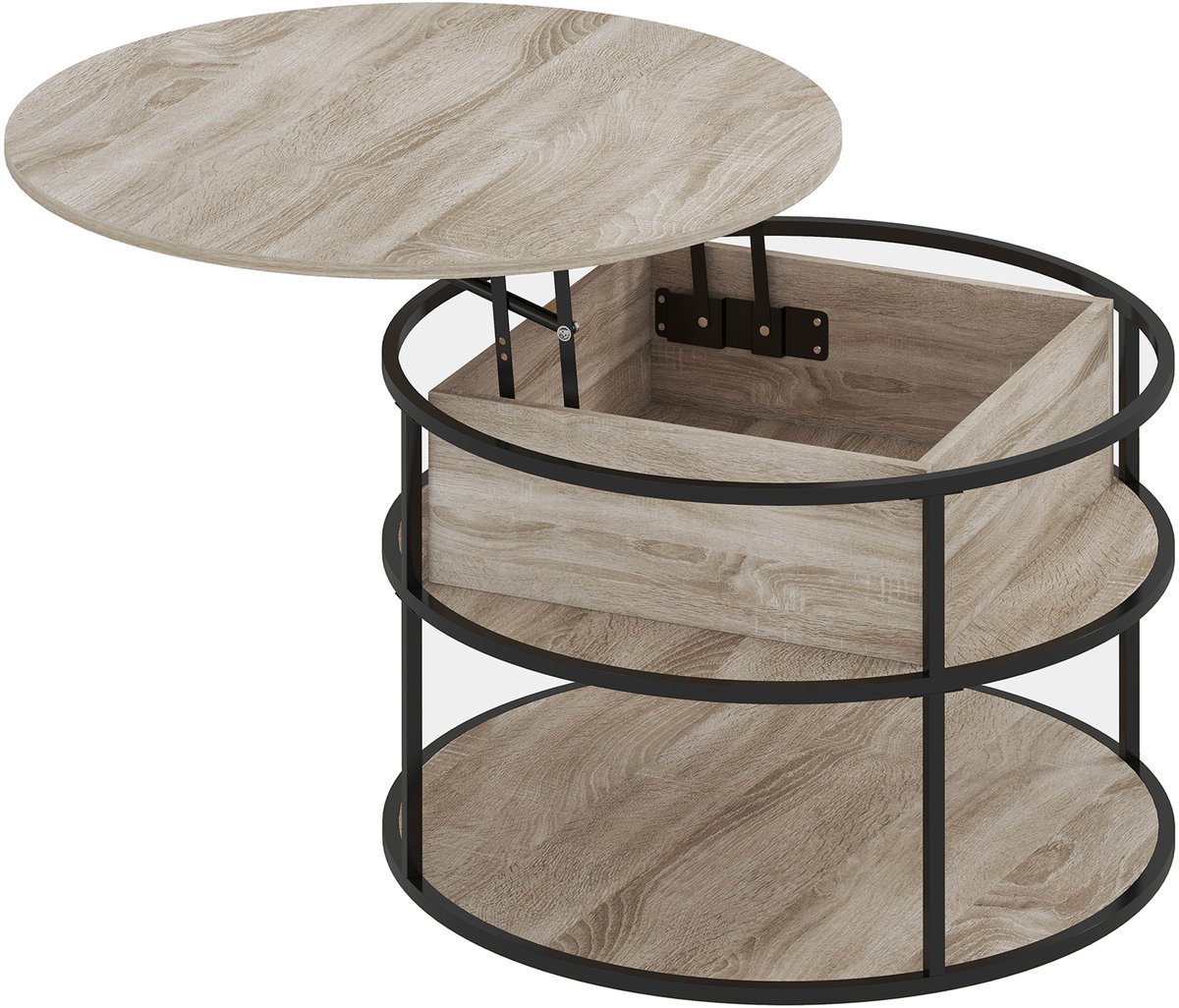 Homona Salontafel met hefblad - Met opbergruimte - Ø80 x 47-61,5 cm - Eikenhout/Zwart