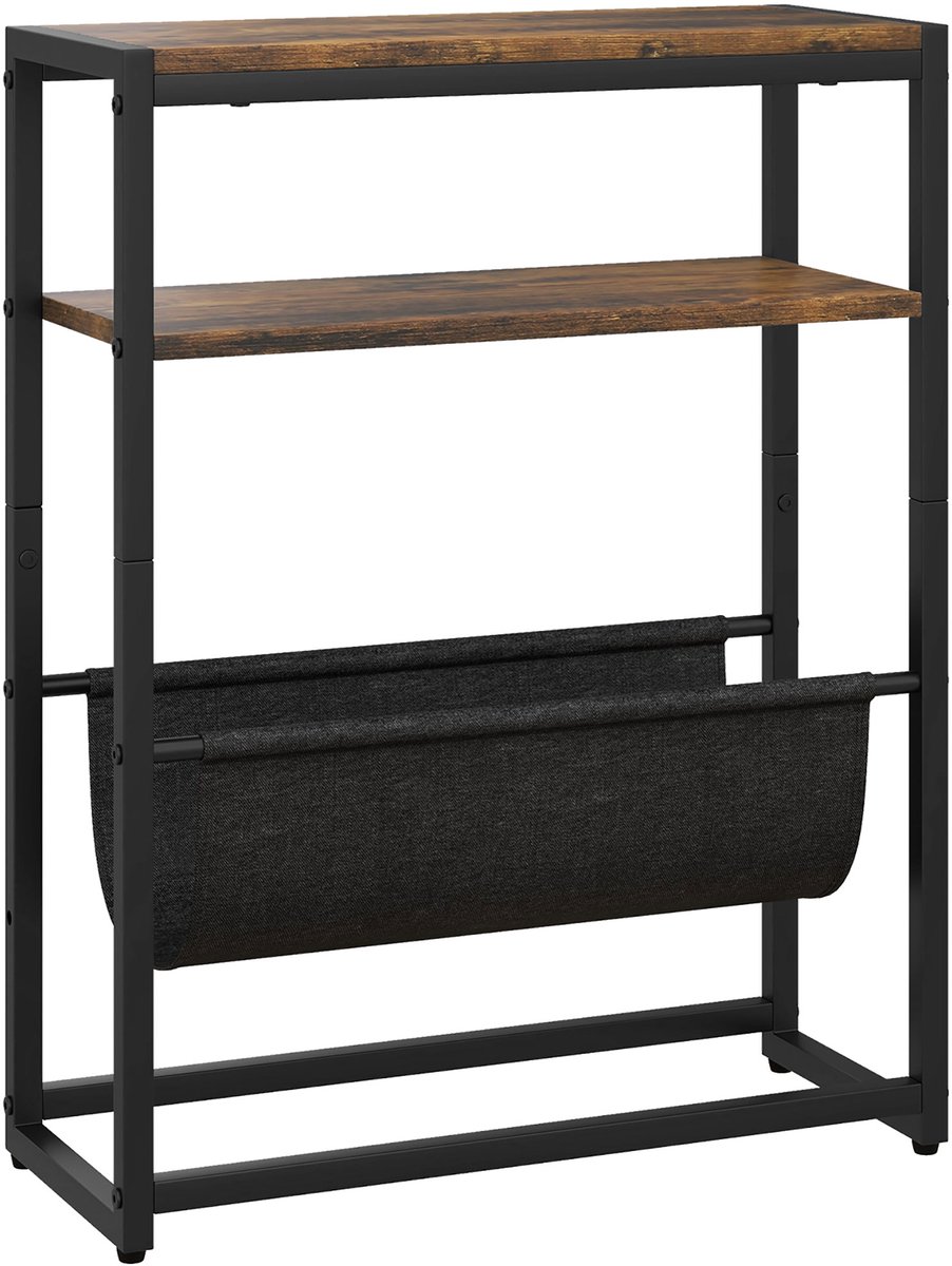 Homona Bijzettafel - Industriële salontafel met 3 opbergvakken en tijdschriftenhouder - 43 x 18 x 56 cm - Rustiek bruin