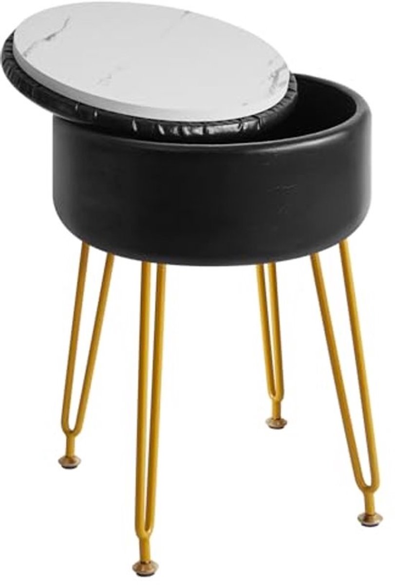 Ronde kruk als voetsteun met opbergruimte - make-upkruk voor kaptafel en bijzettafel - PU-zitting voor kaptafel met afneembare hoes en gouden stalen poten - zwart