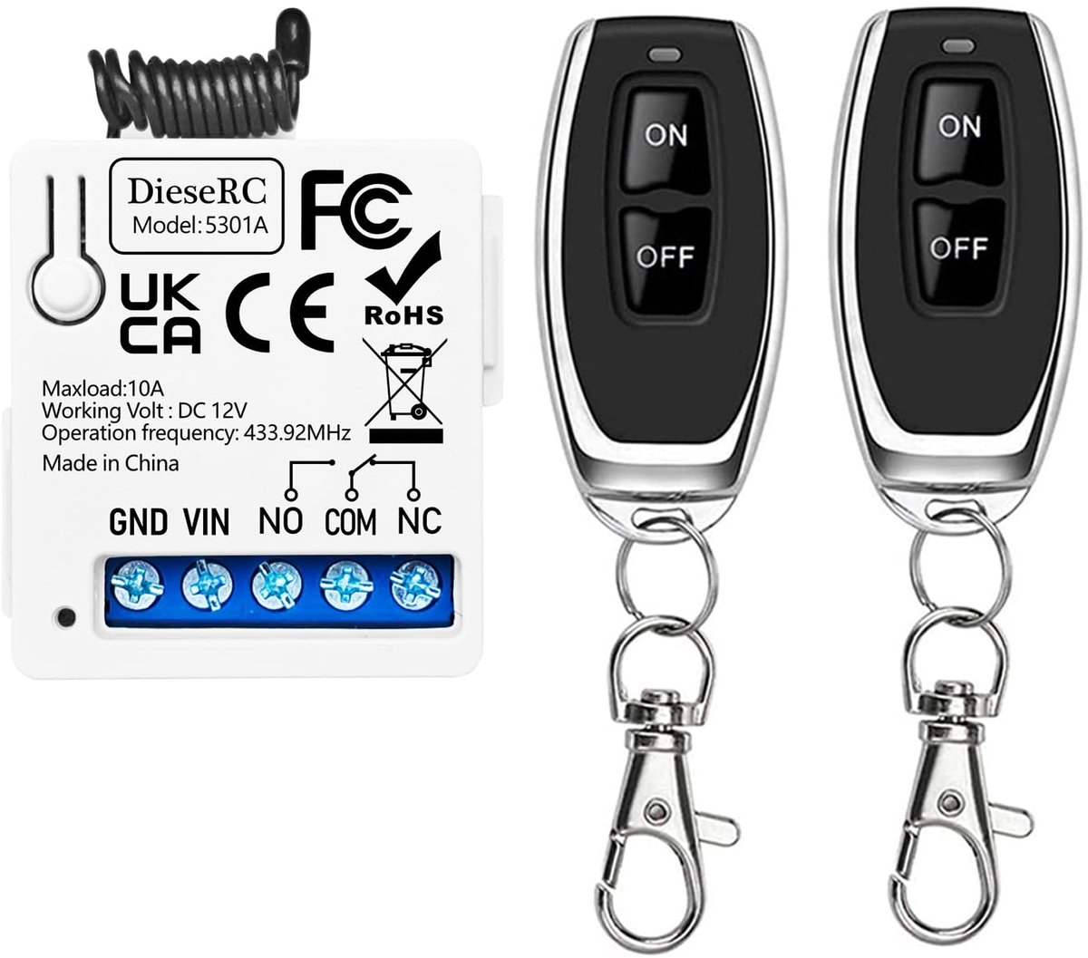 DieseRC 433 MHz universele DC 12 V 1CH draadloze afstandsbediening schakelaar RF relais ontvanger module met 2 zenders, voor garagedeursystemen, ventilatoren en lampen