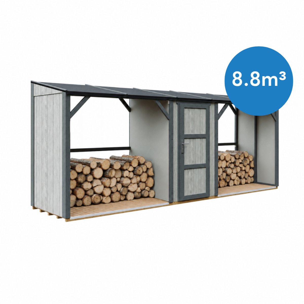 Timbela M986-TUNDRA CAVERN - LP SmartSide Dubbele Houtopslag met Afgesloten Bergruimte - 6,49 m² - Twee houtopslagzones met een totale capaciteit van ~8,8 m³