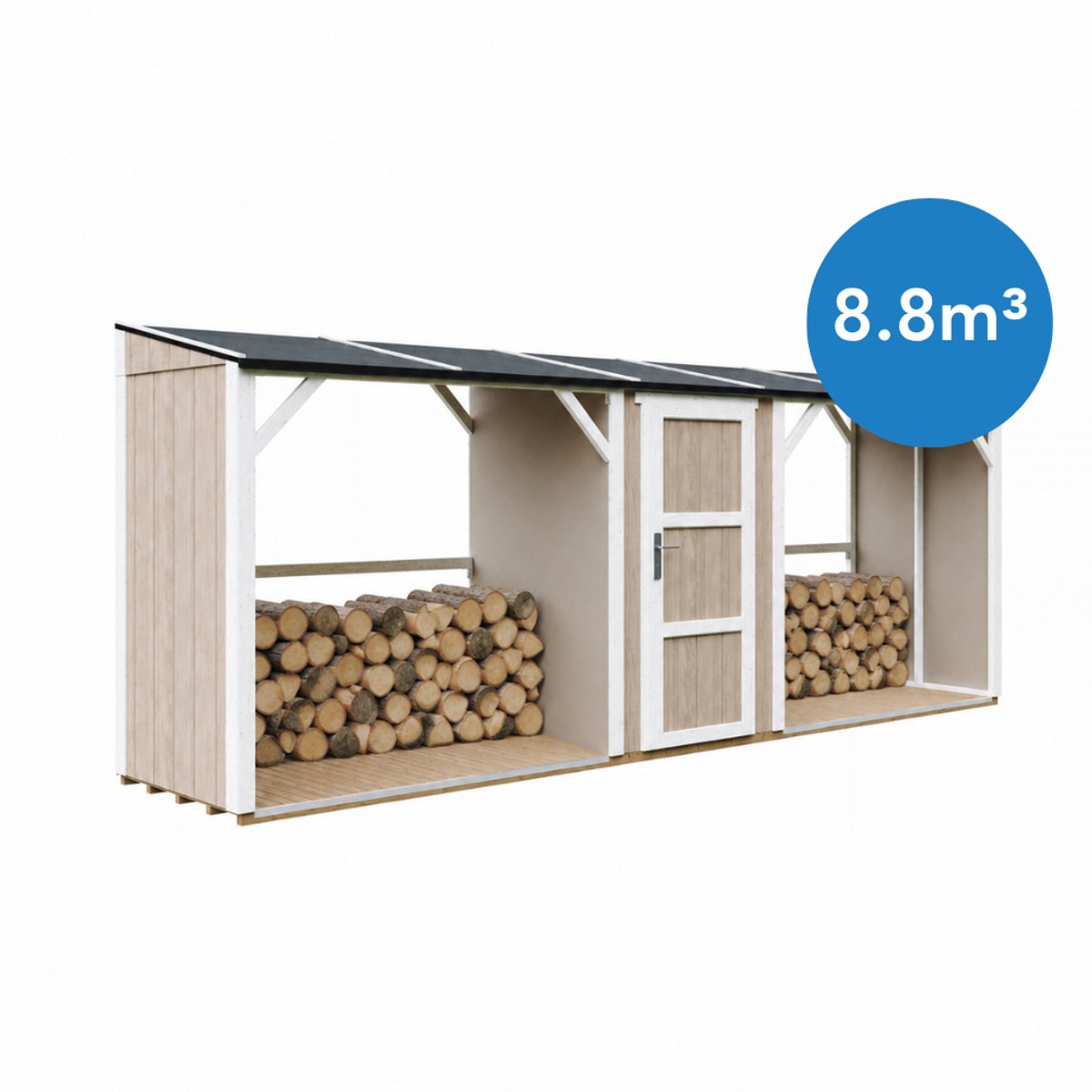 Timbela M986-TERRA BROWN - LP SmartSide Dubbele Houtopslag met Afgesloten Bergruimte - 6,49 m² - Twee houtopslagzones met een totale capaciteit van ~8,8 m³