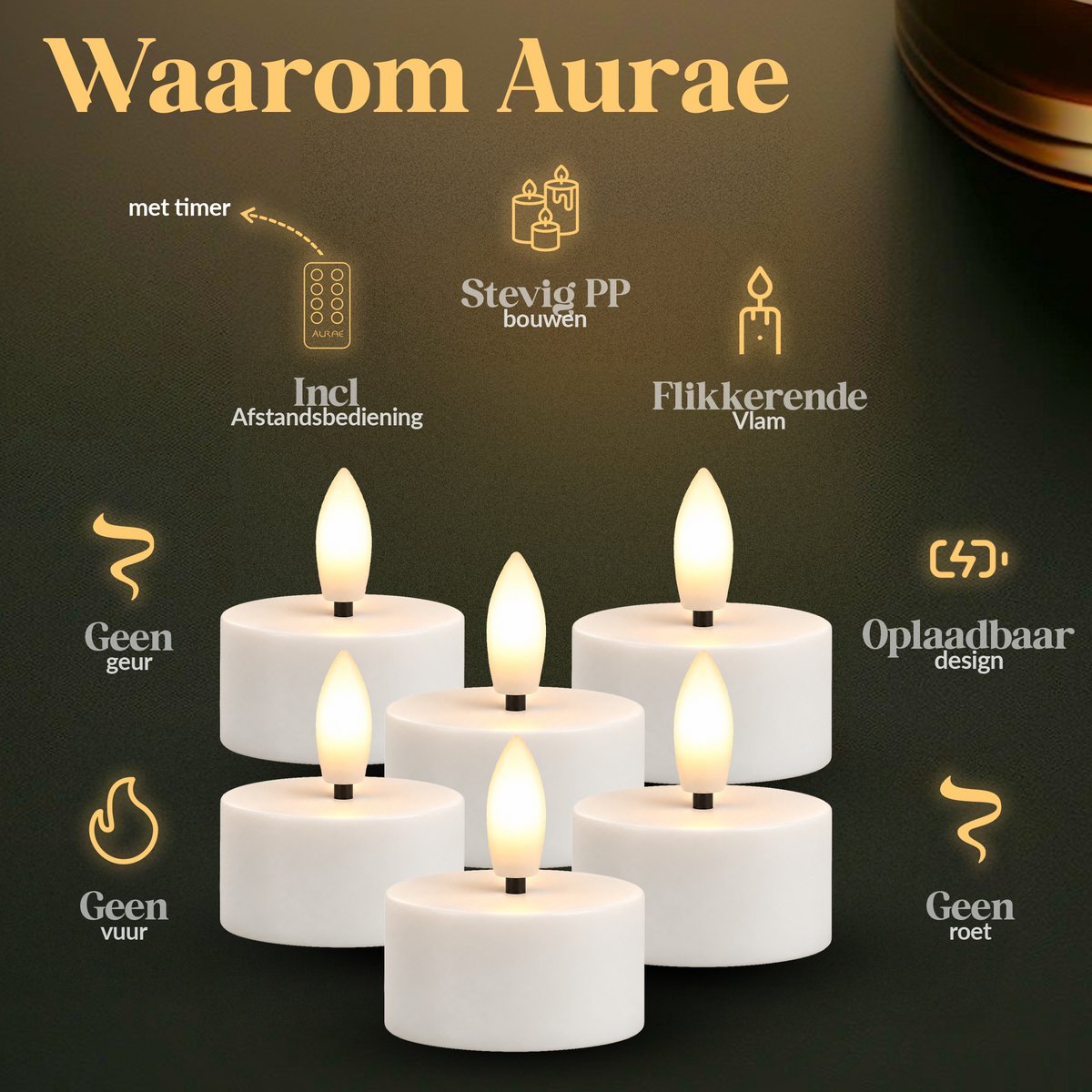 Aurae Oplaadbare Waxinelichtjes 6x - Theelichtjes Oplaadbaar - 30+ Branduren - Led Kaarsen met Afstandsbediening - Flikkerende Vlam - met Lader - Kerst Kaarsen — cadeau in Wonen & Interieur - foto 5