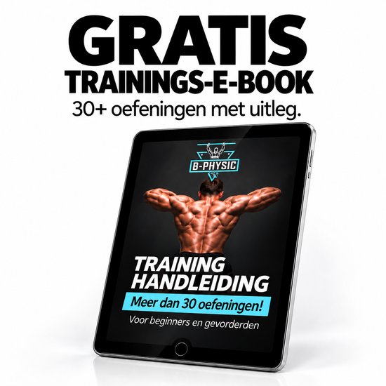 Tablet met een afbeelding van een gespierde rug en tekst "TRAINING HANDLEIDING" en "GRATIS TRAININGS-E-BOOK".