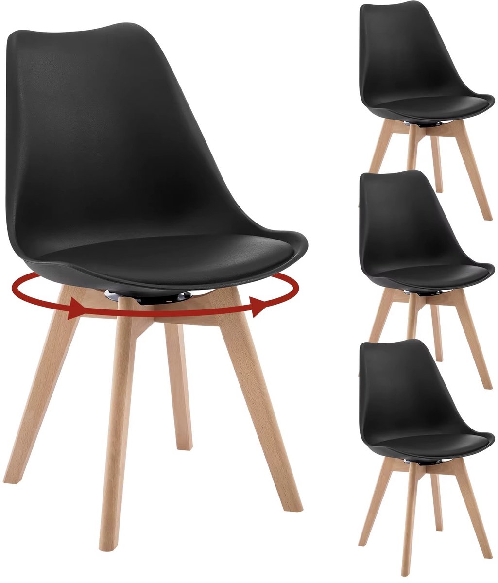 Whoopr® Set van 4 Draaibare Eetkamerstoelen – Stoelen met Gewatteerde Zitting & Massief Houten Poten – Moderne Keukenstoelen – Draagvermogen 120 kg Zwart