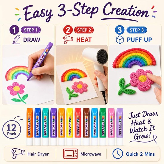 12-kleur popcorn pen, 3D DIY bubble popcorn Tekening pen — afbeelding 4
