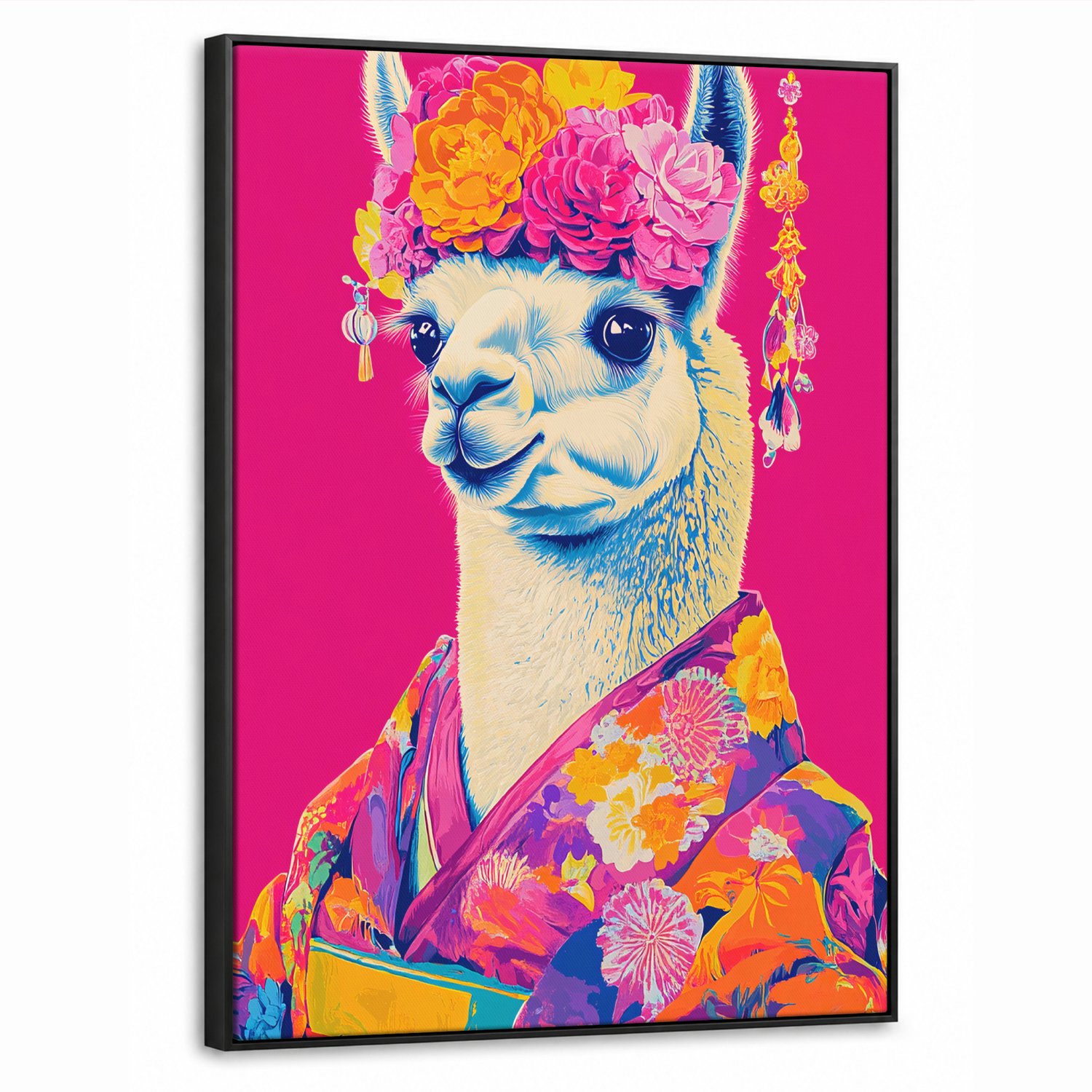 Canvas Schilderij met Baklijst 60x80cm - Lama - Kimono - Bloemenkrans - Felroze - Muurdecoratie woonkamer - Slaapkamer decoratie - Kamer accessoires - Schilderijen op canvas met lijst